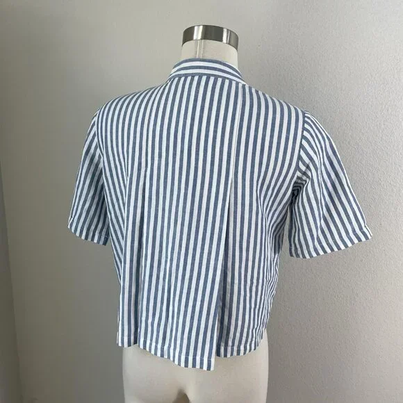 KOTN Shirt Womens Petite Small Blue Stripe Cropped Button Front Top Cotton Linen - Picture 8 of 8
